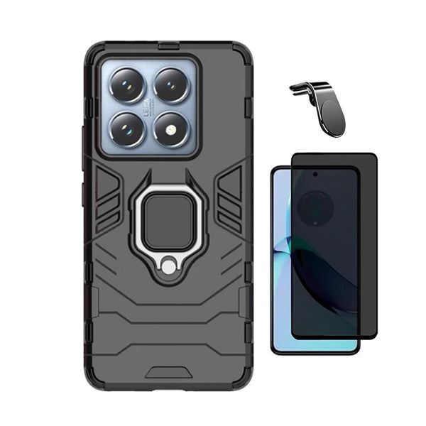 Kit Película de Vidro Temperado Privacidade + Capa de Proteção Militar Magnética + Suporte de Carro Magnético L Gift4Me Para Xiaomi 14T Pro - Preto