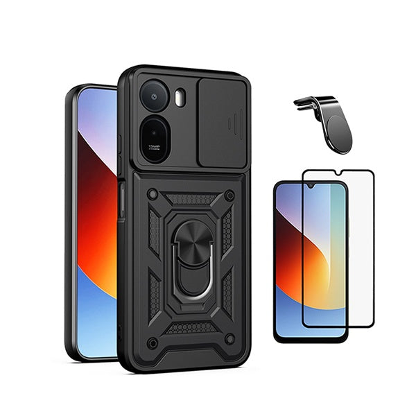 Kit Película de Vidro Temperado Gorilasglass + Capa de Proteção Militar Magnética Janela + Suporte de Carro Magnético L GIFT4ME Para Xiaomi Redmi A7 Pro 4G - Preto