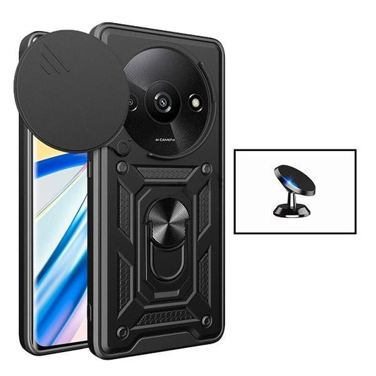 Kit Suporte Magnético + Capa de Proteção Militar Magnética Janela Deslizante GIFT4ME para Xiaomi Redmi A3 - Preto