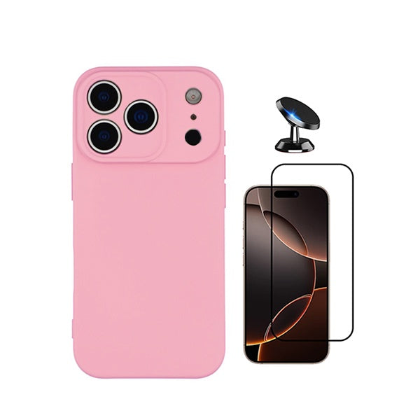 Kit Película de Vidro Temperado Gorilasglass + Capa Proteção Silicone + Suporte Magnético GIFT4ME Para Apple iPhone 18 Pro - Rosa