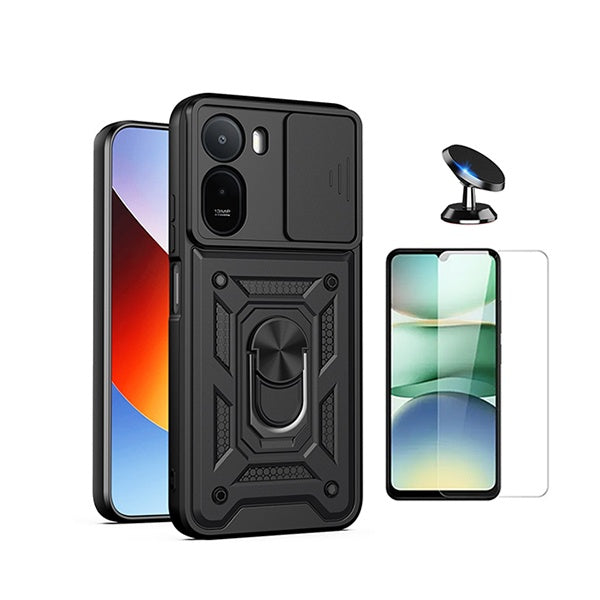 Kit Vidro Temperado Cleargorilasglass + Capa de Proteção Militar Magnética Janela + Suporte Magnético GIFT4ME Para Xiaomi Redmi A7 Pro - Preto