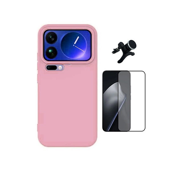 Kit Película de Vidro Temperado Gorilasglass + Capa Proteção Silicone + Suporte Reforçado de Carro GIFT4ME Para Xiaomi 17 Pro Max 5G - Rosa