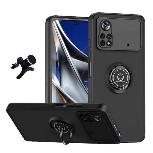 Kit Capa Anti-Impacto Clear com Anel + Suporte Magnético com Pernas GIFT4ME Para Xiaomi Poco X4 Pro 5G - Transparente/Preto