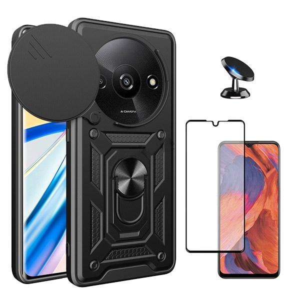 Kit Película de Vidro Temperado GOrilasGlass + Capa de Proteção Militar Magnética Janela Deslizante + Suporte Magnético GIFT4ME para Xiaomi Redmi A3 - Preto