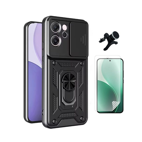 Kit Película Protectora de Hydrogel Frente + Capa de Proteção Militar Magnética Janela + Suporte Magnético Com Pernas  GIFT4ME Para Oppo Reno14 F - Preto
