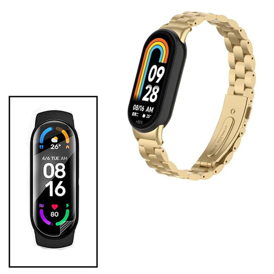 Kit Bracelete de Aço + Ferramenta + Pelicula de Hydrogel para Xiaomi Mi Band 8 - Ouro