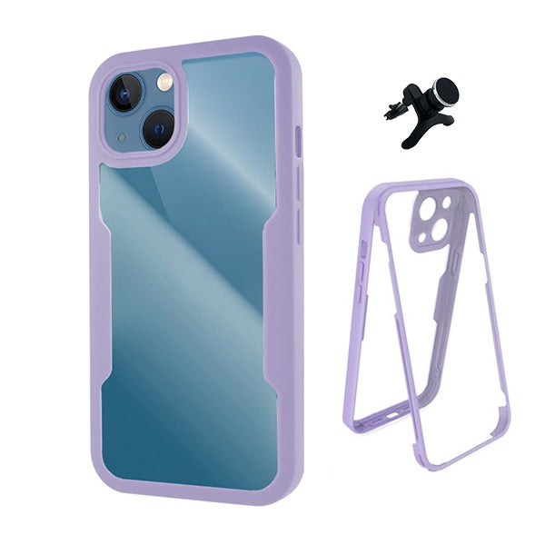 Kit Capa 360° Proteção Frente e Verso + Suporte Magnético Com Pernas Gift4Me Para Apple iPhone 13 Mini - Roxo