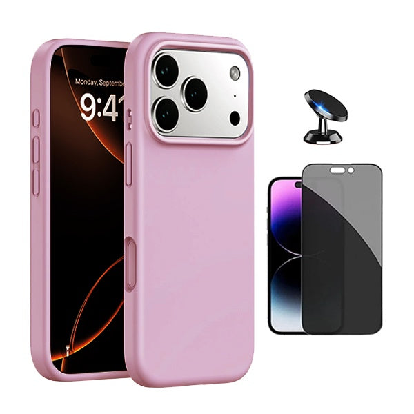 Kit Película de Vidro Temperado Privacidade + Capa Proteção Silicone + Suporte Magnético GIFT4ME Para Apple iPhone 17 Pro Max - Rosa