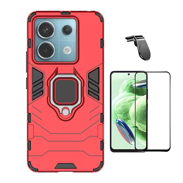 Kit Película de Vidro Temperado Gorilasglass + Capa de Proteção Militar Magnética + Suporte de Carro Magnético L Gift4Me Para Xiaomi Redmi Note 13 - Vermelho
