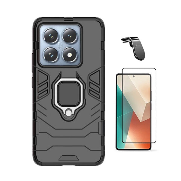 Kit Película de Vidro Temperado Gorilasglass + Capa de Proteção Militar Magnética + Suporte de Carro Magnético L Gift4Me Para Xiaomi 14T - Preto