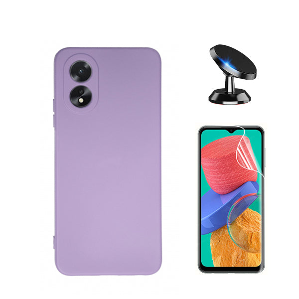 Kit Película ProtectOra de Hydrogel Frente + Capa Proteção Traseira Silicone + Suporte Magnético GIFT4ME para Oppo A18 - Roxo
