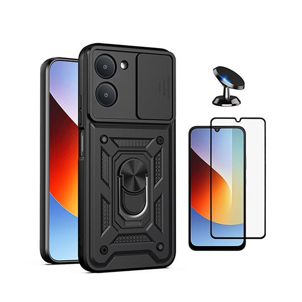 Kit Película de Vidro Temperado Gorilasglass + Capa de Proteção Militar Magnética Janela + Suporte Magnético GIFT4ME Para Xiaomi Redmi A7 - Preto