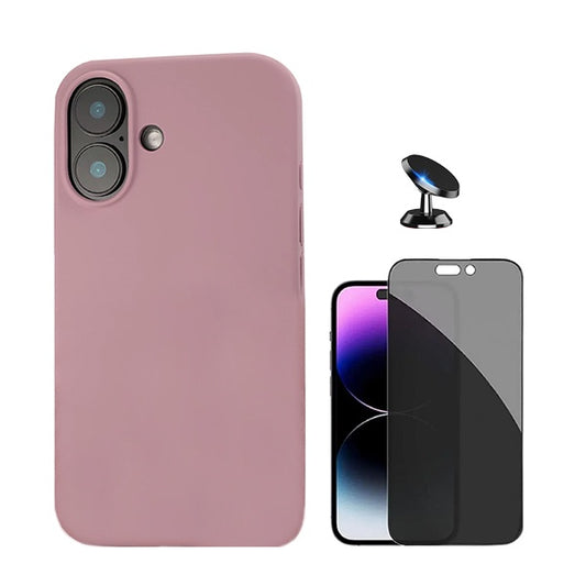 Kit Película de Vidro Temperado Privacidade + Capa Proteção Traseira Silicone + Suporte Magnético GIFT4ME Compativel Com Apple iPhone 16 - Rosa