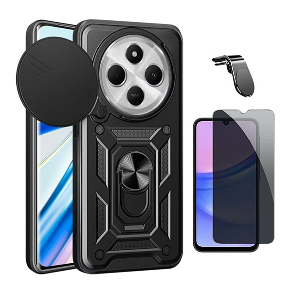 Kit Película de Vidro Temperado Privacidade + Capa de Proteção Militar Magnética Janela + Suporte de Carro Magnético L Gift4Me Para Xiaomi Redmi 14C 5G - Preto