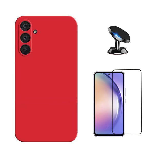 Kit Película de Vidro Temperado Gorilasglass + Capa Proteção Silicone + Suporte Magnético Gift4Me Para Samsung Galaxy A36 - Vermelha