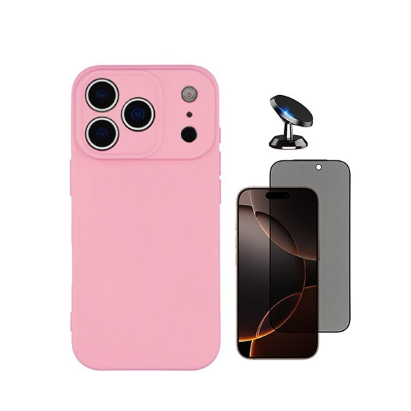Kit Película de Vidro Temperado Privacidade + Capa Proteção Silicone + Suporte Magnético GIFT4ME Para Apple iPhone 18 Pro - Rosa