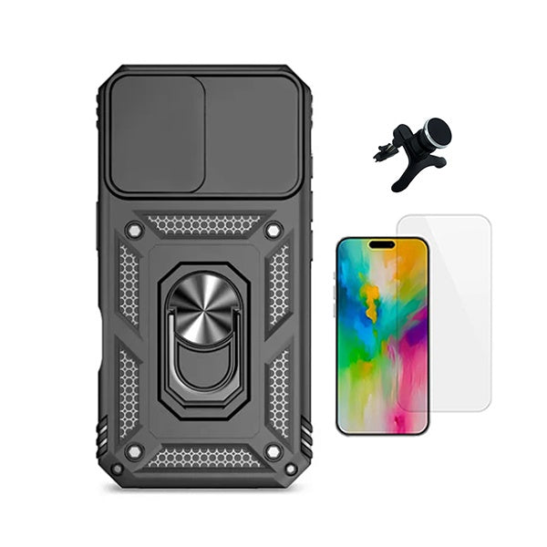 Kit Vidro Temperado Cleargorilasglass + Capa de Proteção Militar Magnética Janela + Suporte Magnético Com Pernas  GIFT4ME Para Apple iPhone 17 Pro - Preto