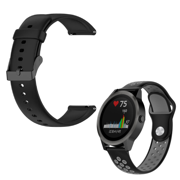 Kit Bracelete Silicone Com Fivela + Desportiva Gift4Me Para Garmin Forerunner 165 Music - Preto / Preto Cinza