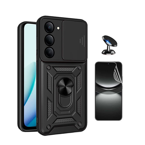 Kit Película Protectora de Hydrogel Frente + Capa de Proteção Militar Magnética Janela + Suporte Magnético GIFT4ME Para Xiaomi Redmi 15 4G - Preto