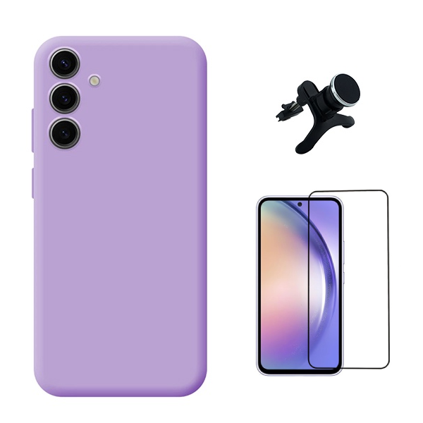 Kit Película de Vidro Temperado Gorilasglass + Capa Proteção Silicone + Suporte Reforçado de Carro Gift4Me Para Samsung Galaxy A36 5G - Roxo