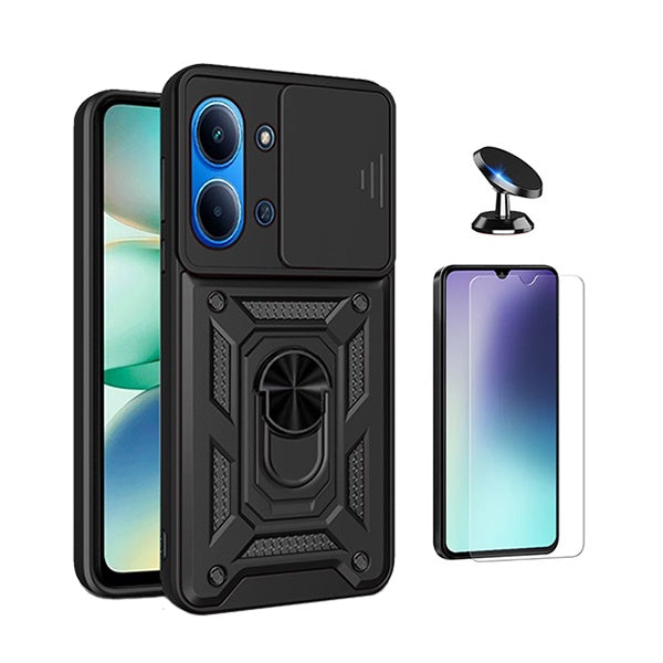 Kit Vidro Temperado Cleargorilasglass + Capa de Proteção Militar Magnética Janela + Suporte Magnético GIFT4ME Para Xiaomi Poco C85 - Preto