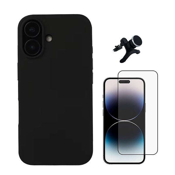 Kit Película de Vidro Temperado Gorilasglass + Capa Proteção Traseira Silicone + Suporte Reforçado de Carro GIFT4ME Compativel Com Apple iPhone 16 Plus - Preto