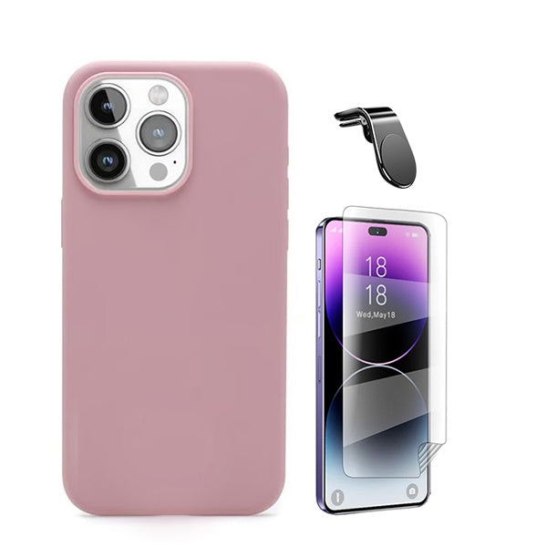 Kit Película Protectora de Hydrogel Frente + Capa Proteção Traseira Silicone + Suporte Magnético L GIFT4ME Compativel Com Apple iPhone 16 Pro - Rosa