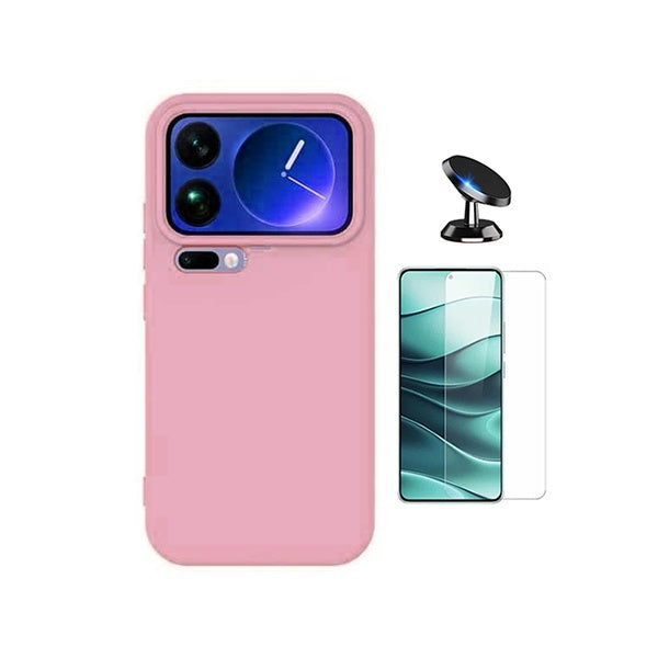 Kit Vidro Temperado Cleargorilasglass + Capa Proteção Silicone + Suporte de Carro GIFT4ME Para Xiaomi 17 Pro Max 5G - Rosa