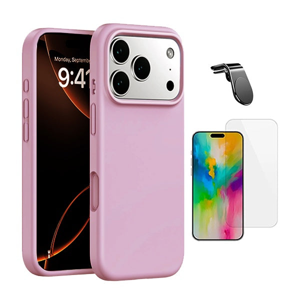 Kit Vidro Temperado Cleargorilasglass + Capa Proteção Silicone + Suporte Magnético L GIFT4ME Para Apple iPhone 17 Pro - Rosa