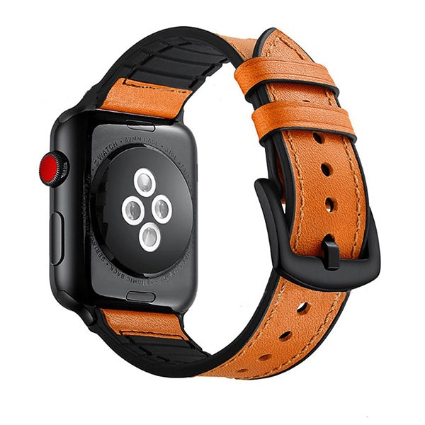 Bracelete Couro e Silicone Premium GIFT4ME Para Apple Watch Series 12 - 42mm - Castanho / Preto