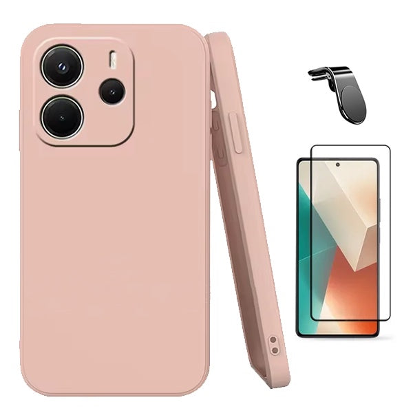 Kit Película de Vidro Temperado Gorilasglass + Capa Proteção Silicone + Suporte Magnético L GIFT4ME Para Xiaomi Redmi Note 14 5G - Rosa