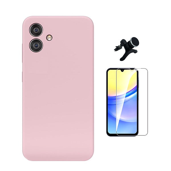 Kit Vidro Temperado Cleargorilasglass + Capa Proteção Silicone +  Suporte Reforçado de Carro Gift4Me Para Samsung Galaxy A06 - Rosa