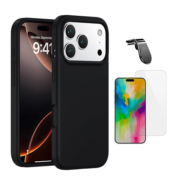 Kit Vidro Temperado Cleargorilasglass + Capa Proteção Silicone + Suporte Magnético L GIFT4ME Para Apple iPhone 17 Pro - Preto