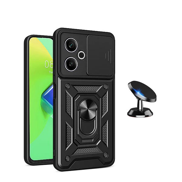 Kit Suporte Magnético + Capa de Proteção Militar Magnética Janela Deslizante GIFT4ME Compativel Com Xiaomi Redmi 13 5G - Preto