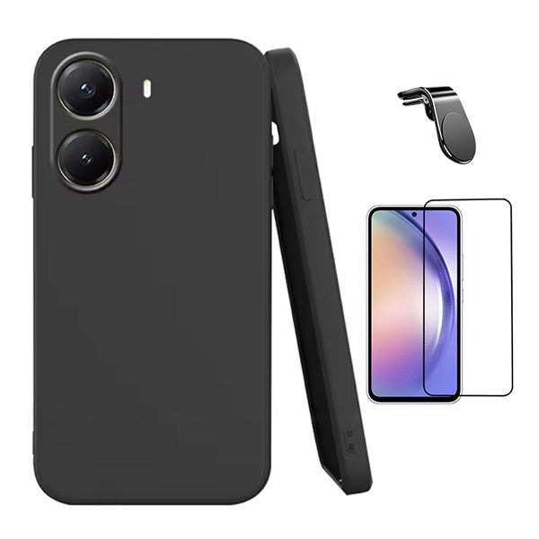 Kit Película de Vidro Temperado Gorilasglass + Capa Proteção Silicone + Suporte Magnético L Gift4Me Para Xiaomi Poco X7 Pro - Preto