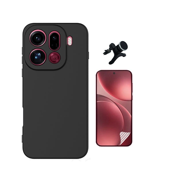 Kit Película Protectora de Hydrogel Frente + Capa Proteção Silicone + Suporte Reforçado de Carro GIFT4ME Para Oppo Find X9 Pro - Preto