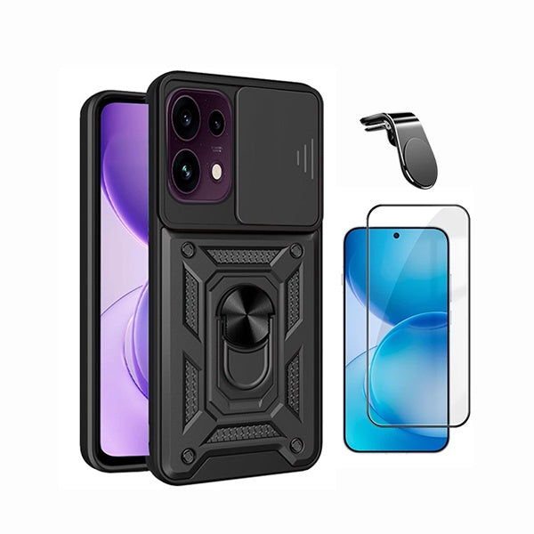 Kit Película de Vidro Temperado Gorilasglass + Capa de Proteção Militar Magnética Janela + Suporte de Carro Magnético L GIFT4ME Para Oppo Reno16 F 5G - Preto