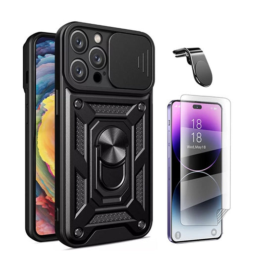 Kit Película Protectora de Hydrogel Frente + Capa de Proteção Militar Magnética Janela + Suporte de Carro Magnético L GIFT4ME Compativel Com Apple iPhone 16 Pro - Preto