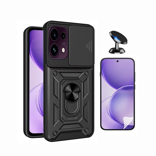 Kit Película Protectora de Hydrogel Frente + Capa de Proteção Militar Magnética Janela + Suporte Magnético GIFT4ME Para Oppo Reno16 FS 5G - Preto
