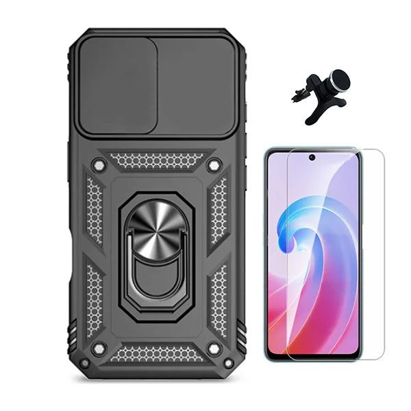 Kit Vidro Temperado Cleargorilasglass + Capa de Proteção Militar Magnética Janela + Suporte Magnético Com Pernas  GIFT4ME Para Xiaomi Redmi Note 13 4G - Preto