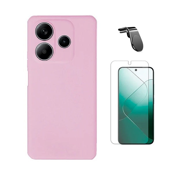Kit Película Protectora de Hydrogel Frente + Capa Proteção Silicone + Suporte Magnético L Gift4Me Para Xiaomi Redmi Note 14 4G - Rosa