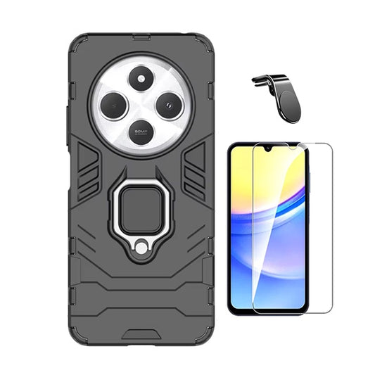 Kit Vidro Temperado Cleargorilasglass + Capa de Proteção Militar Magnética +  Suporte de Carro Magnético L Gift4Me Para Xiaomi Redmi 14C 5G - Preto