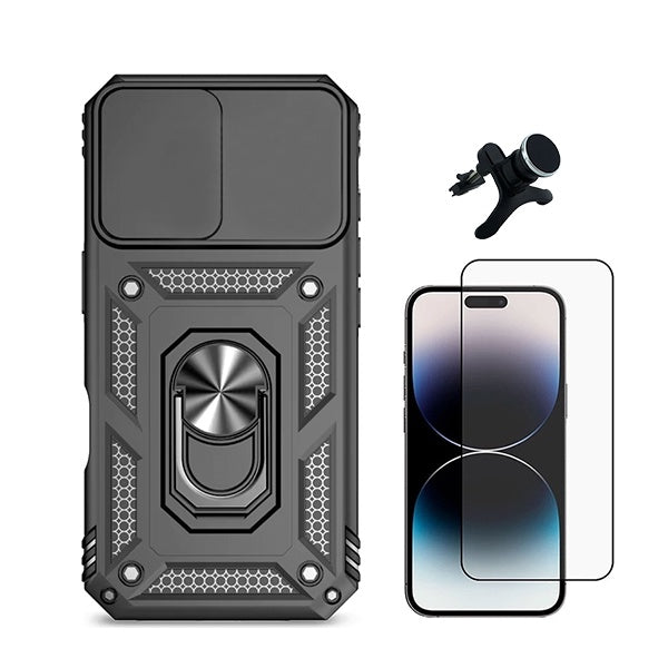 Kit Película de Vidro Temperado Gorilasglass + Capa de Proteção Militar Magnética Janela + Suporte Magnético Com Pernas GIFT4ME Compativel Com Apple iPhone 16 - Preto