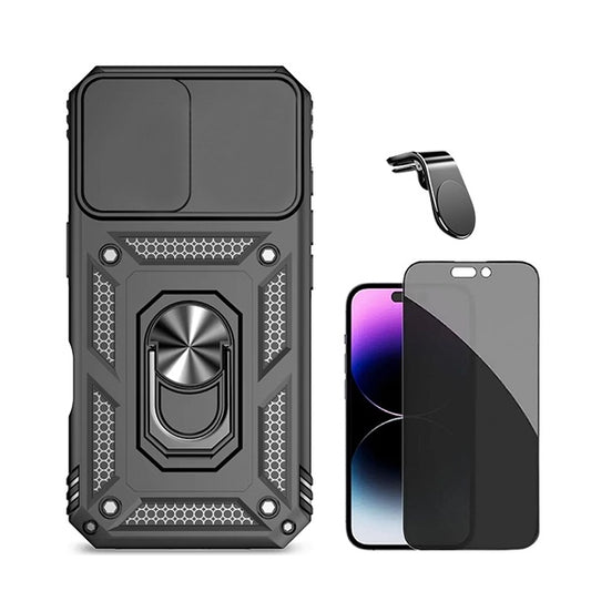 Kit Película de Vidro Temperado Privacidade + Capa de Proteção Militar Magnética Janela + Suporte de Carro Magnético L GIFT4ME Compativel Com Apple iPhone 16 - Preto