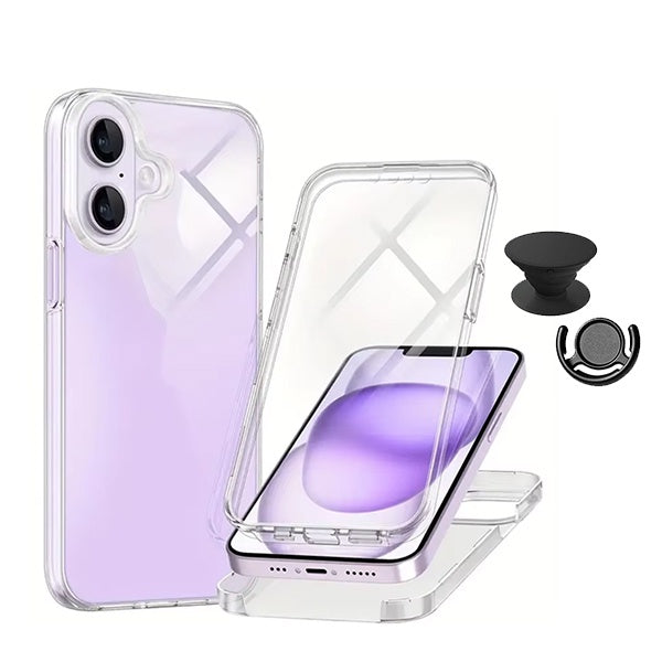 Kit Capa 360° Proteção Frente e Verso + 1 Handholder + 1 Suporte Handholder Preto Gift4Me Para Apple iPhone 16 Plus - Transparente/Preto