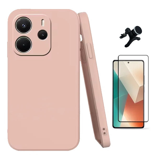 Kit Película de Vidro Temperado Gorilasglass + Capa Proteção Silicone + Suporte Reforçado de Carro GIFT4ME Para Xiaomi Redmi Note 14 5G - Rosa