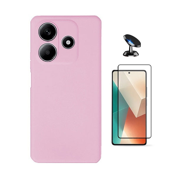 Kit Película de Vidro Temperado Gorilasglass + Capa Proteção Silicone + Suporte Magnético Gift4Me Para Xiaomi Redmi Note 14 - Rosa