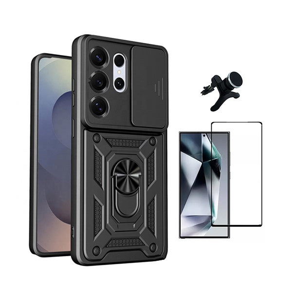 Kit Película de Vidro Temperado Gorilasglass + Capa de Proteção Militar Magnética Janela + Suporte Magnético Com Pernas GIFT4ME Para Samsung Galaxy S26 Ultra - Preto