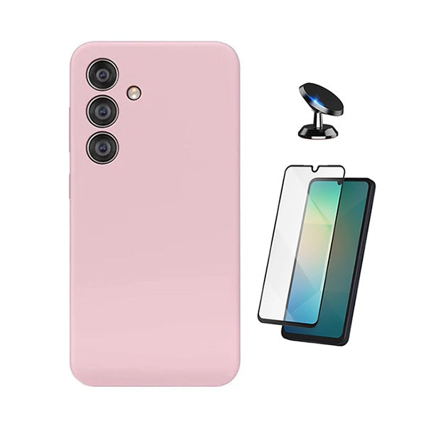 Kit Película de Vidro Temperado Gorilasglass + Capa Proteção Silicone + Suporte Magnético GIFT4ME Para Samsung Galaxy A17 4G - Rosa