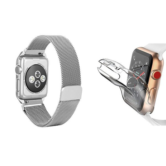 Kit Bracelete Milanese Com Fecho Magnético + Capa Proteção Total GIFT4ME Compativel Com Apple Watch Series 10 - 42mm - Cinza / Transparente